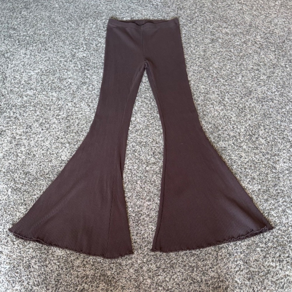 Aerie Women Brown Ribbed Knit Super Flare Leggings Bell Bottom Pants Size S